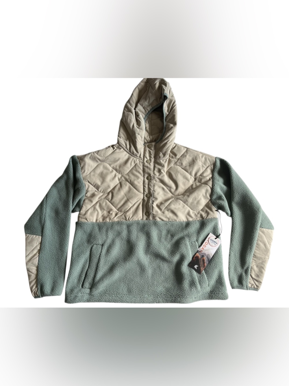 Kyodan Sage Green and Cream Quilted Hooded Fleece Pullover